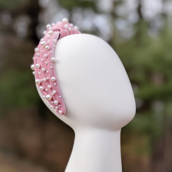 Pink Pearl Knot Velvet Headband Pearl Beads Handmade Knotted Turban Maximalist main image 9